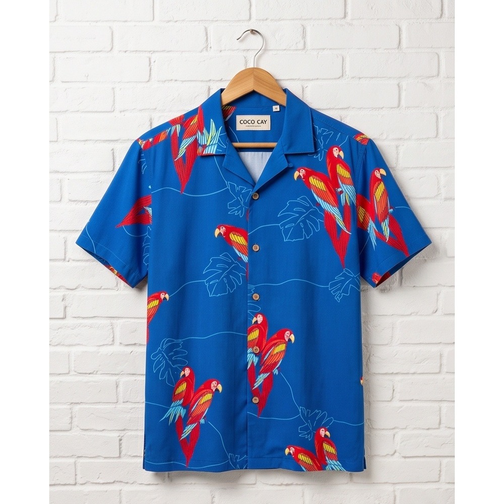 Lands End Mens S Blue Parrot Tropical Hawaiian Shirt Short Sleeve Cotton Small